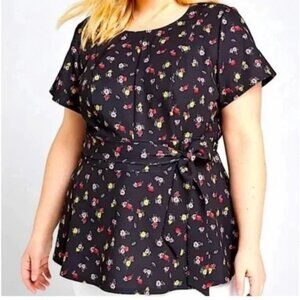 Lane Bryant Black Floral Peplum Tie Waist Blouse in Size 26